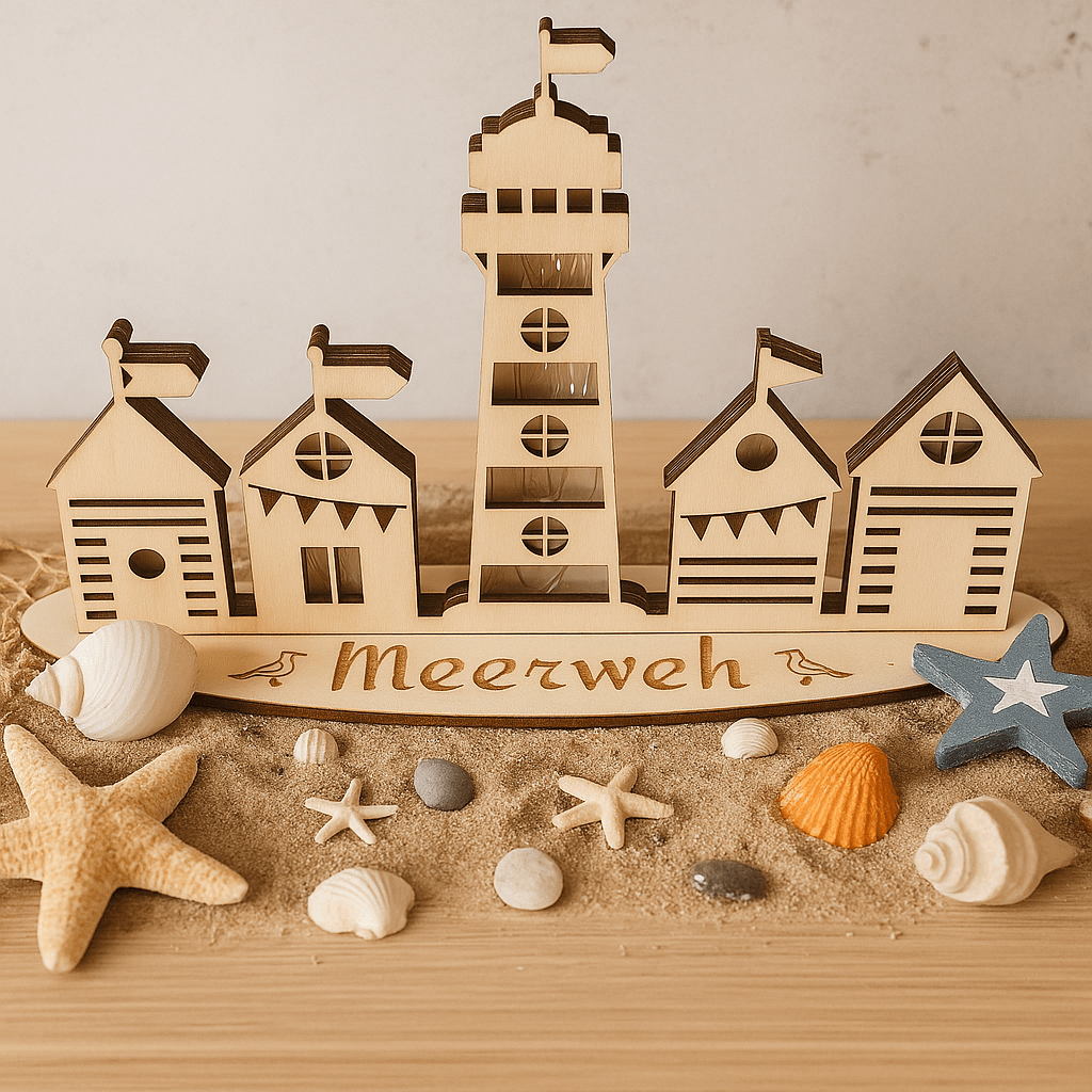 Meerweh – Maritimes Deko - Set mit Leuchtturm und Strandhäusern - Zauberwerk
