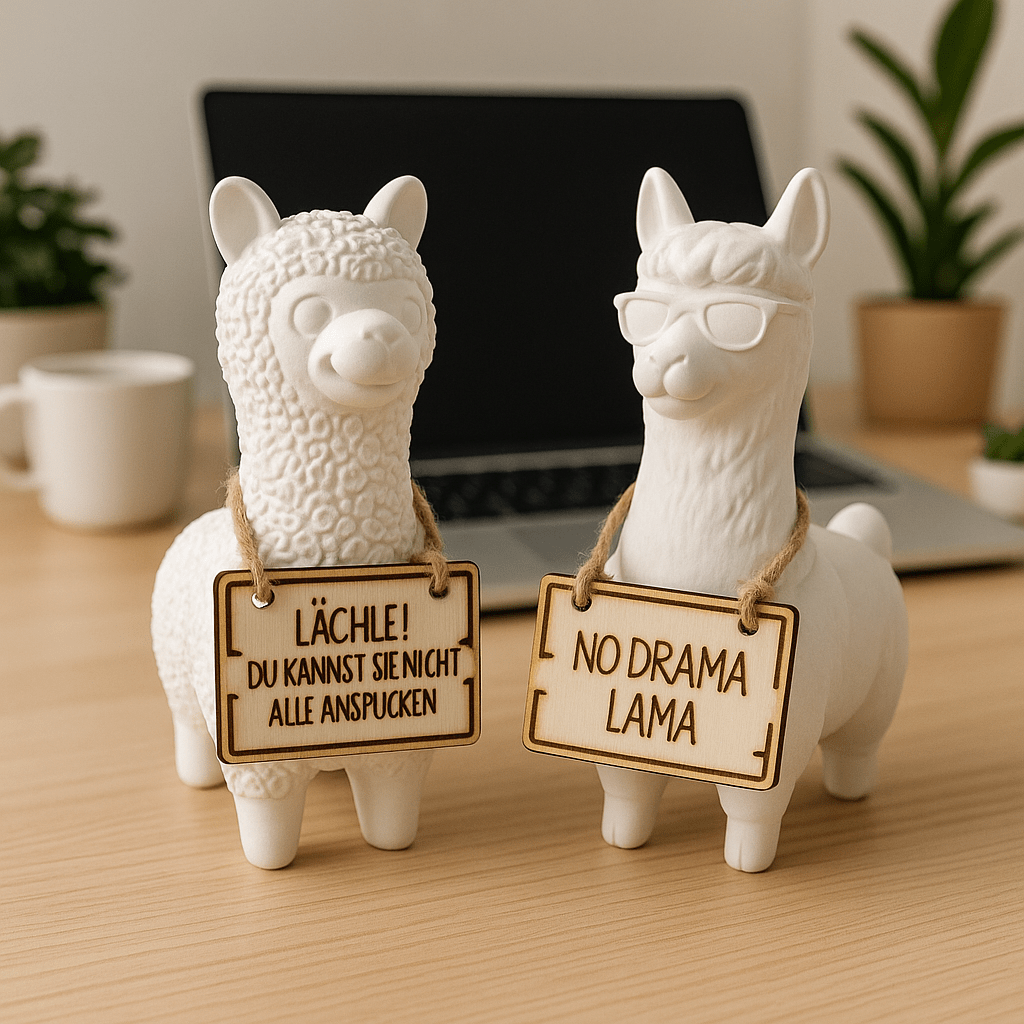 Lustige Lama Figur aus Keramik mit Holzschild – No Drama Lama oder Lächle Spruch - Zauberwerk