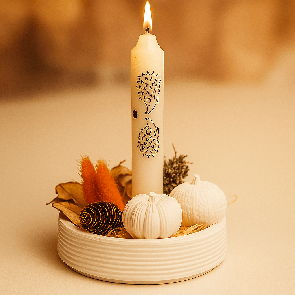 Herbstliche Kerzendeko mit Igel - Motiv und weißen Kürbissen - Zauberwerk