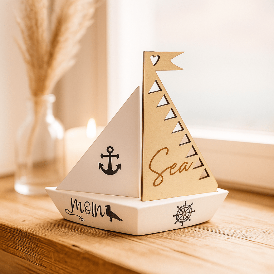 Deko - Segelboot „Moin Sea“ | Maritimes Holzboot mit Segel - Zauberwerk