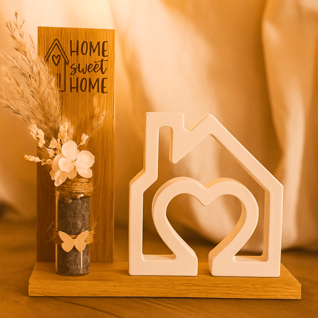 Home Sweet Home Holzdeko mit Keramikhaus und Trockenblumen - Zauberwerk
