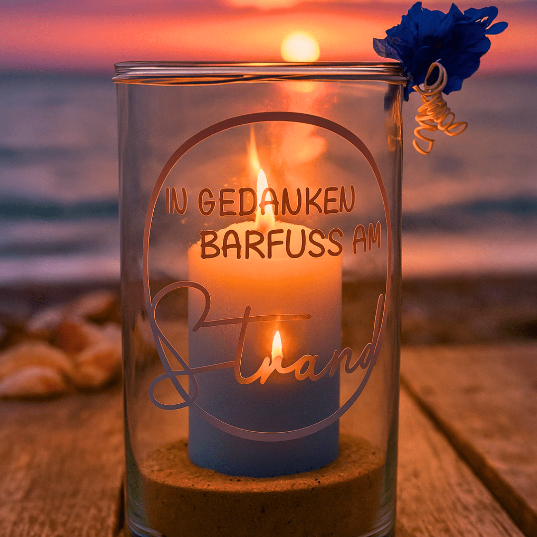 Windlicht Barfuß am Strand – Glas mit Kerze und Deko - Zauberwerk