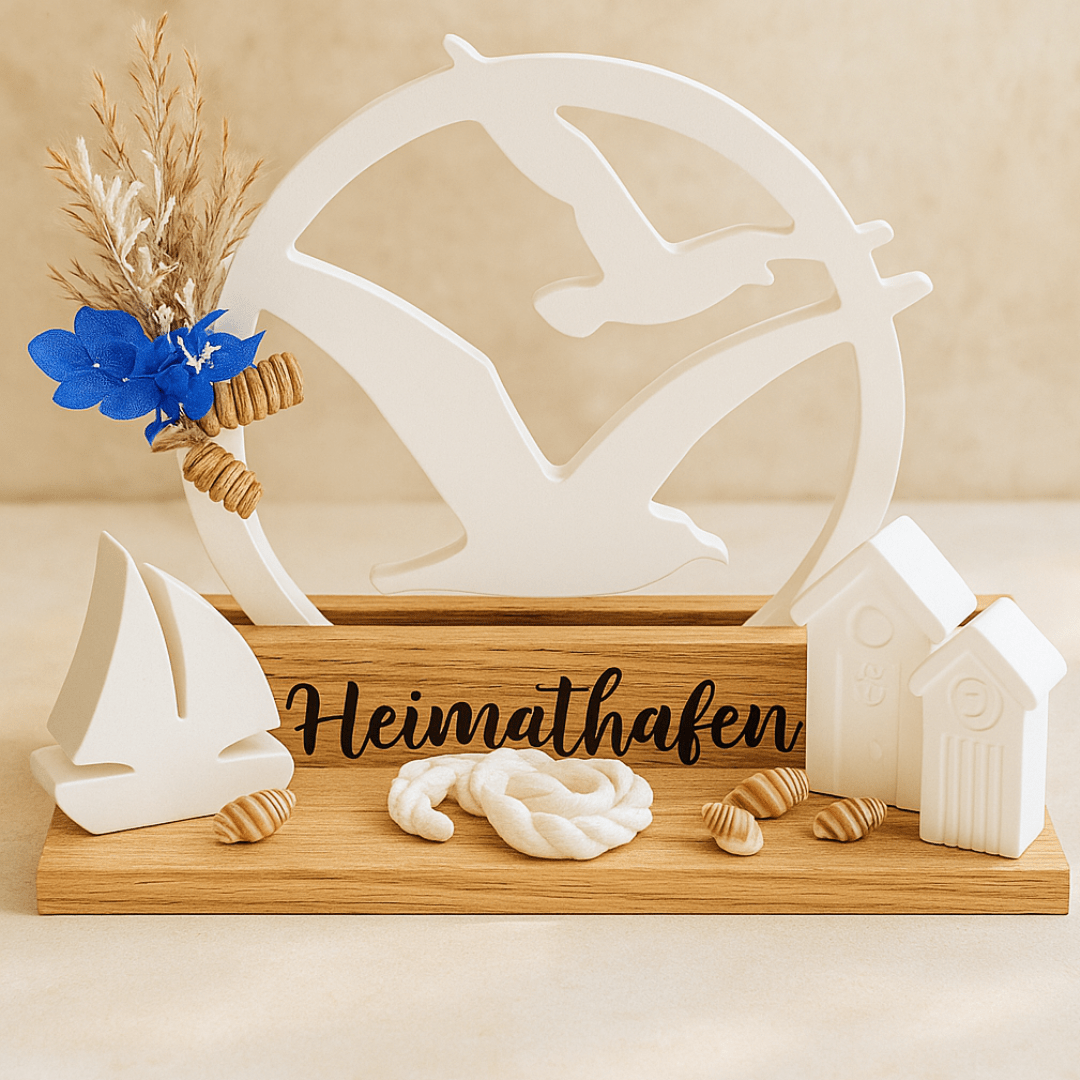 Deko - Aufsteller Heimathafen – Maritimer Look mit Segelboot, Muscheln & Leuchtturm - Zauberwerk