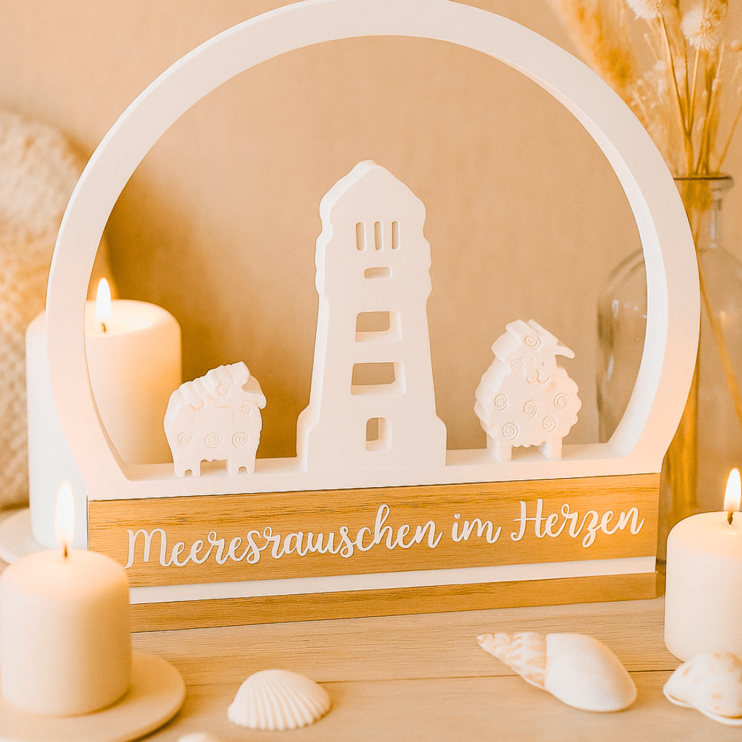 Deko - Aufsteller Meeresrauschen im Herzen – Leuchtturm mit Schafen aus Holz und Keramik im Bogen - Zauberwerk