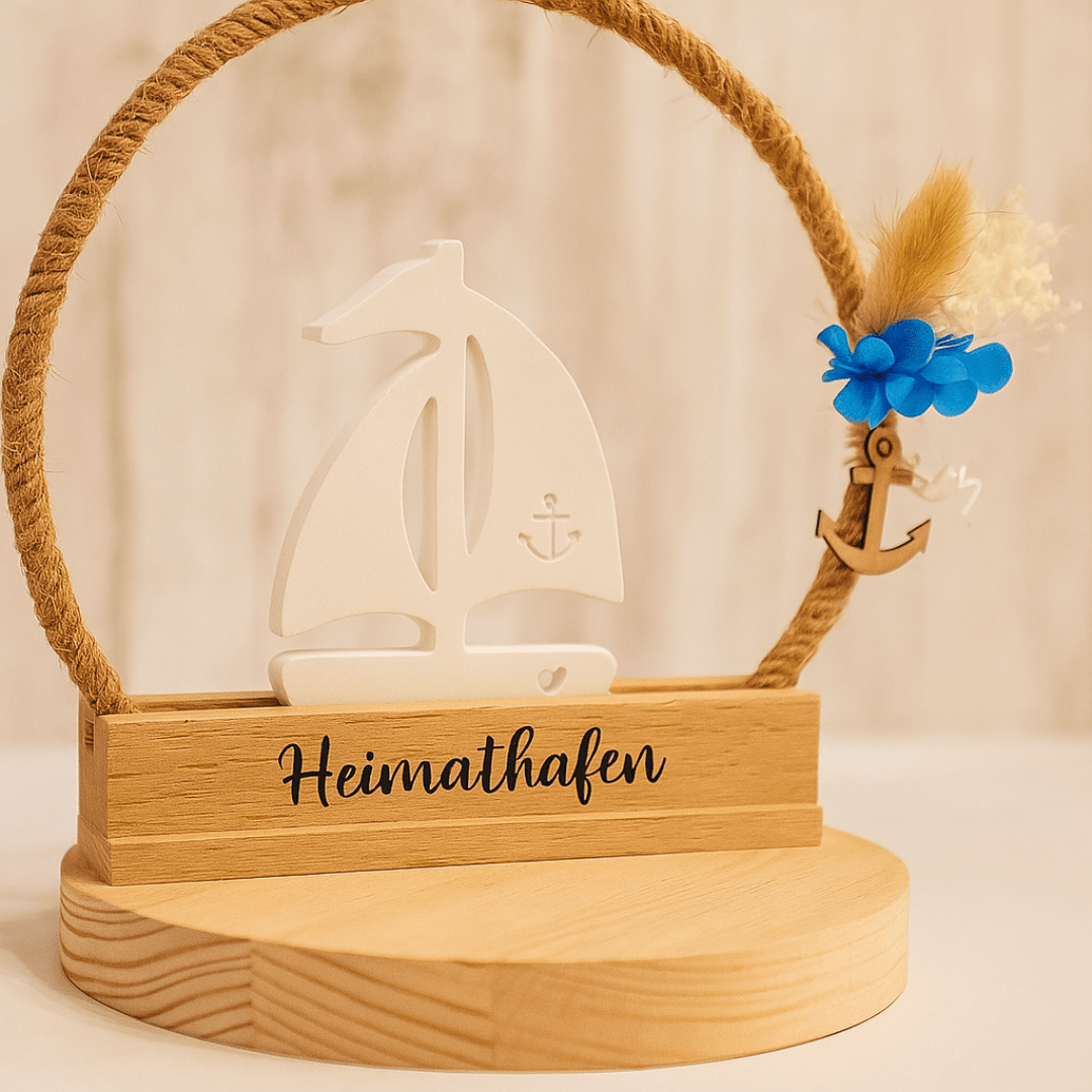 Deko - Aufsteller Heimathafen – Segelboot im Tau - Kreis aus Holz und Keramik mit Anker und Trockenblumen - Zauberwerk