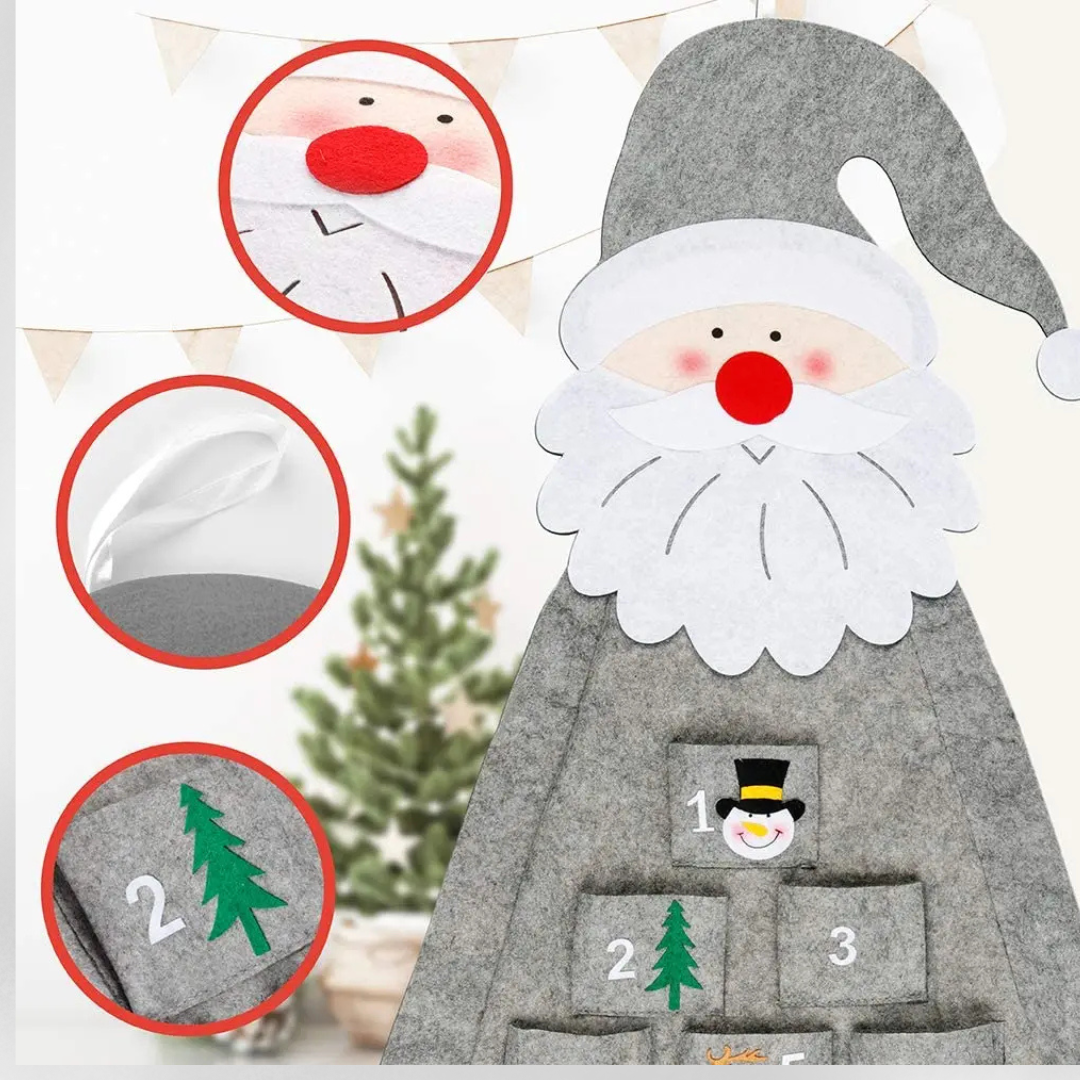 Adventskalender aus Filz mit 24 nummerierten Türchen zum Befüllen, grauer Wandbehang im Santa-Design, Weihnachten 2025