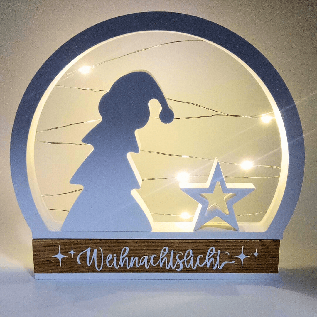 Weihnachtslicht mit Stern und Tannenbaum | Handgemachte Leuchtdeko aus Holz & Keraflott - Zauberwerk