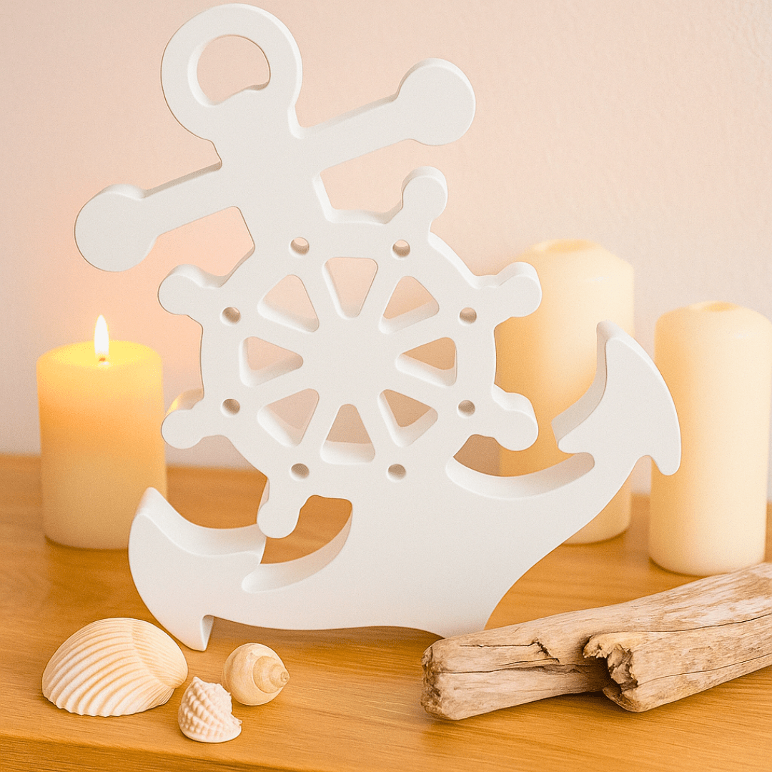 Deko - Aufsteller Anker mit Steuerrad – Maritime Keramikdeko in Weiß - Zauberwerk