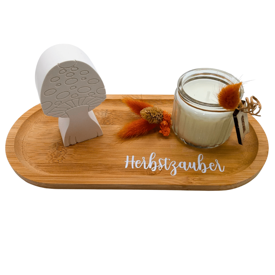 Herbstzauber Deko - Set mit Kerze, Pilzfigur & Bambus - Tablett - Zauberwerk