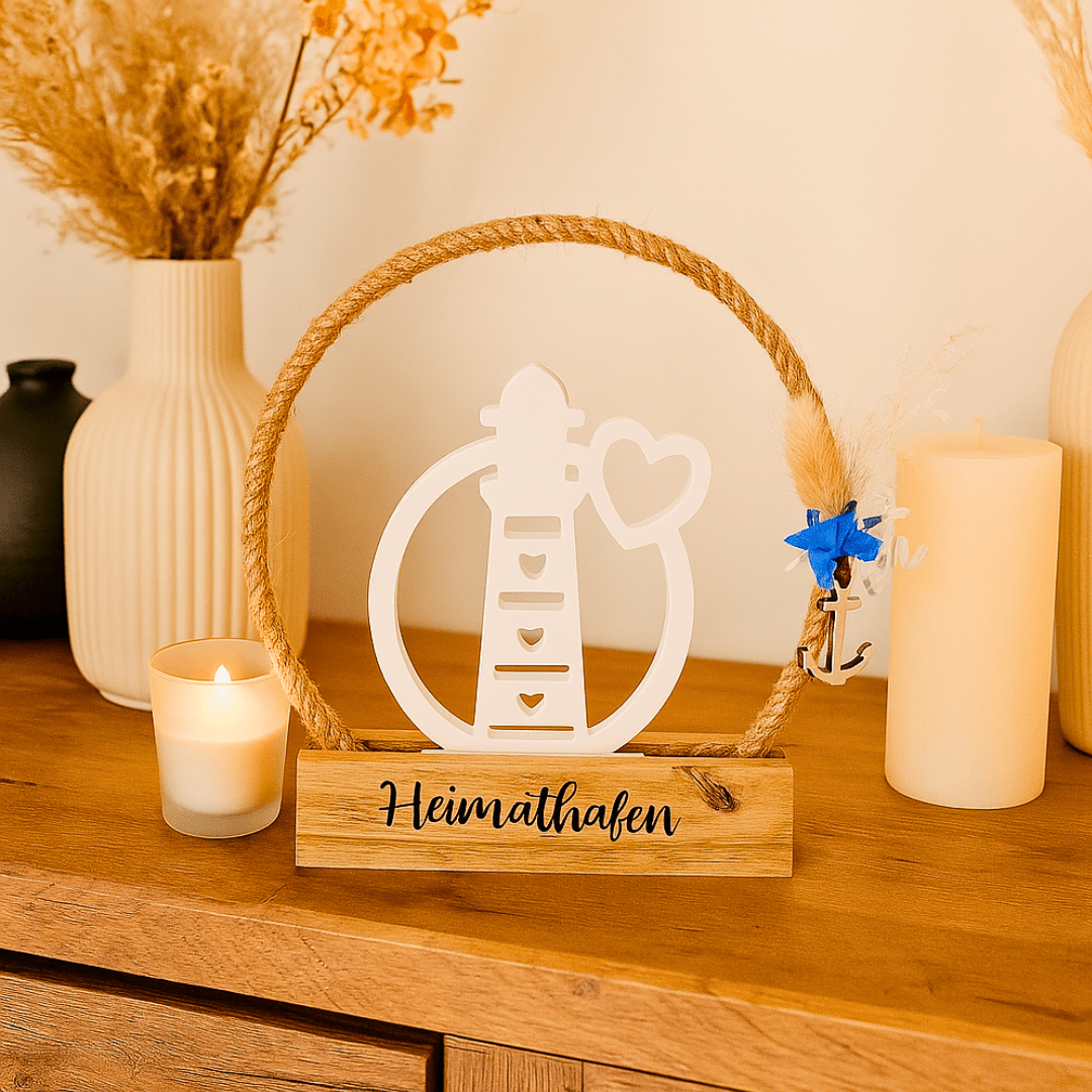 Deko - Aufsteller Heimathafen – Leuchtturm im Tau - Kreis aus Holz und Keramik mit Anker und Trockenblumen - Zauberwerk