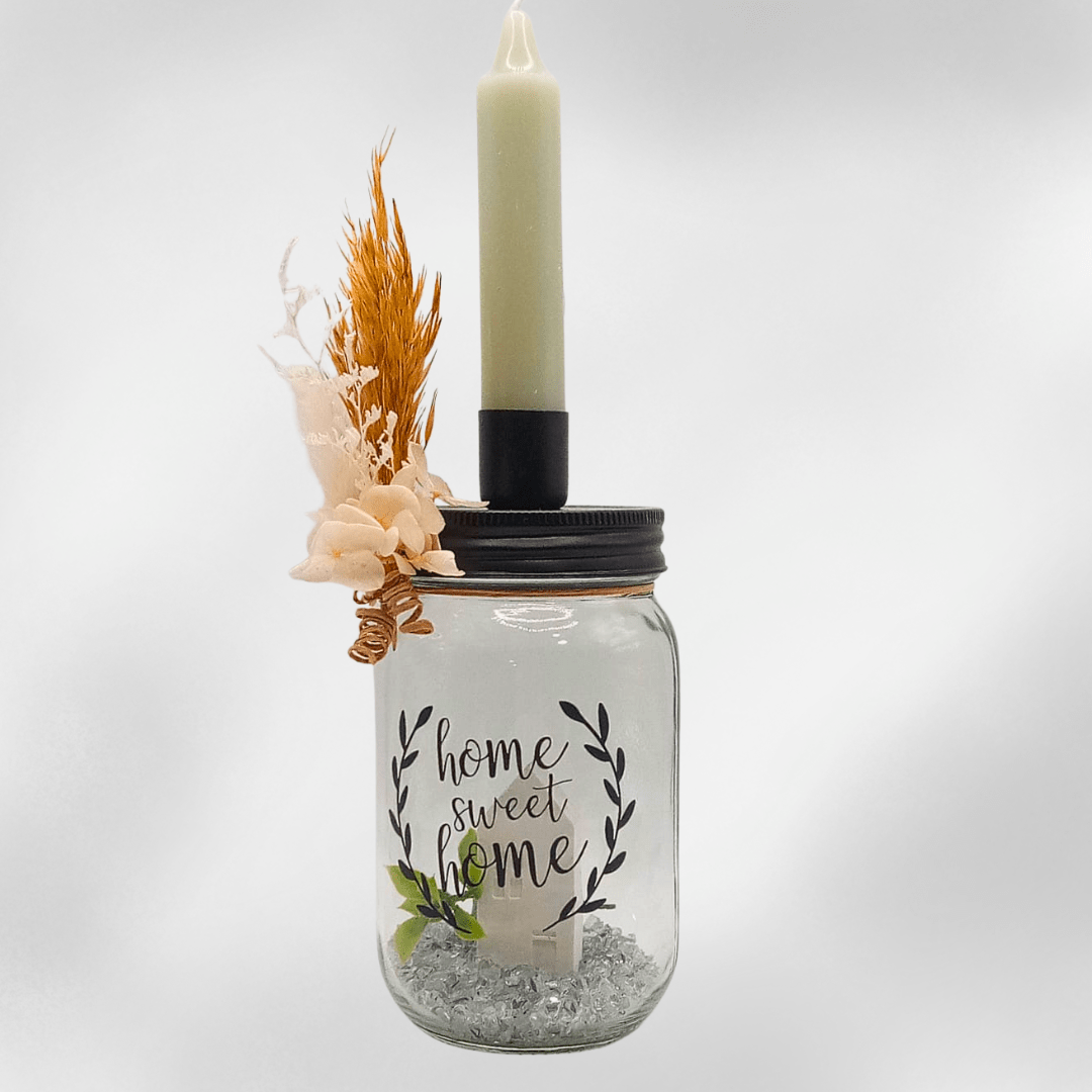 Dekoglas „Home Sweet Home“ mit Kerzenhalter und Trockenblumen – Handmade Deko für Zuhause - Zauberwerk