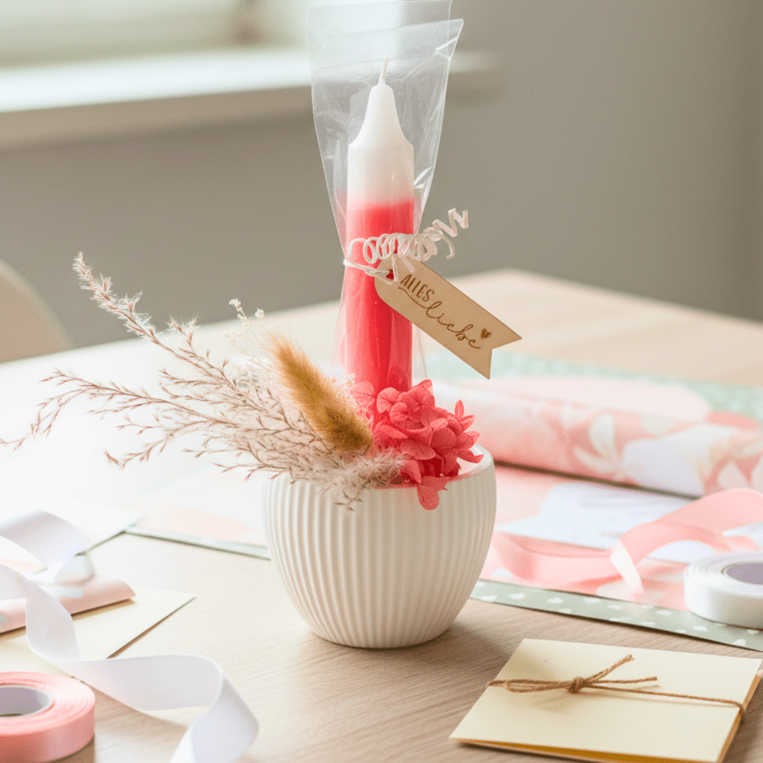 Kerzenarrangement „Alles Liebe“ – Geschenkidee mit Trockenblumen in Keraflott - Vase - Zauberwerk