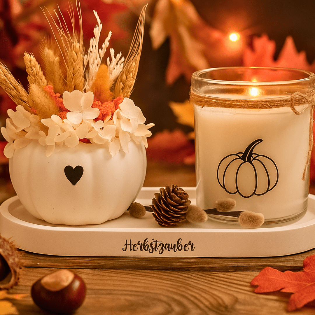 Keramik - Set Herbstzauber mit Kürbis, Kerze und Trockenblumen - Zauberwerk