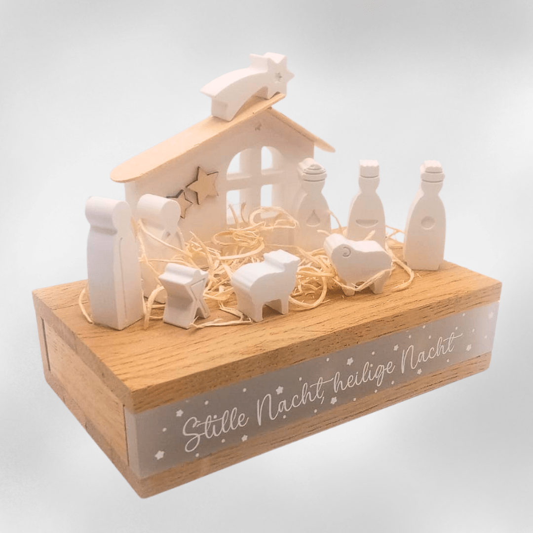 Weihnachtskrippe mit LED - Lichterkette – Holzdeko „Stille Nacht, heilige Nacht“ - Zauberwerk