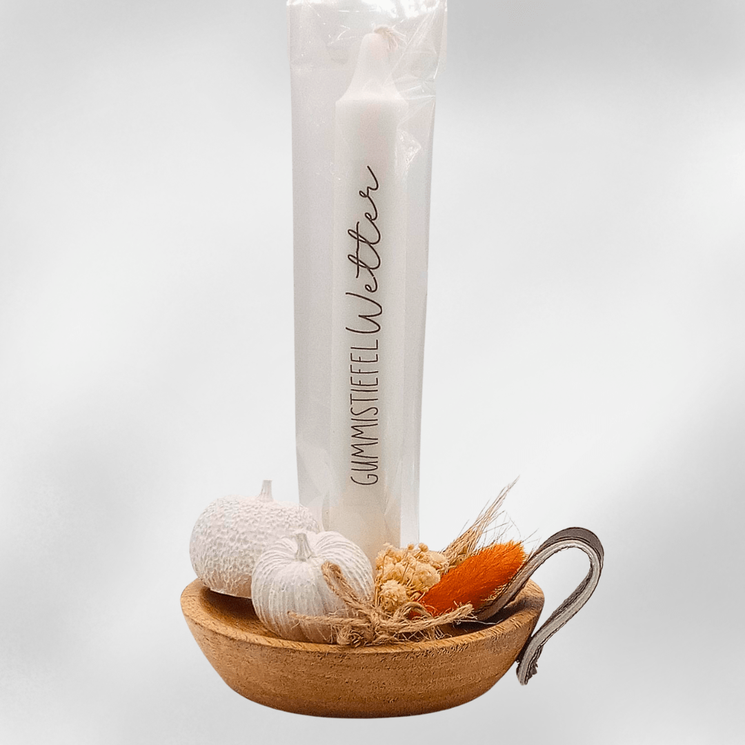 Herbstdeko Kerzenset mit Spruch „Gummistiefel Wetter“ – Holzschale mit Kerze, Mini - Kürbissen & Trockenblumen - Zauberwerk