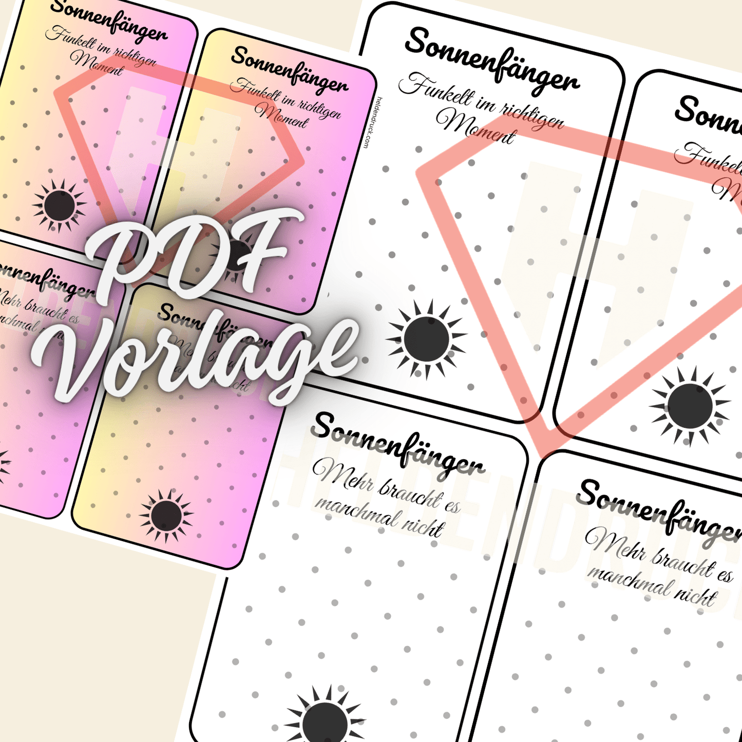 PDF - Vorlage „Sonnenfänger - Momente“ – 4 Mini - Kärtchen zum Ausdrucken – für DIY, Märkte & Geschenksets - Zauberwerk
