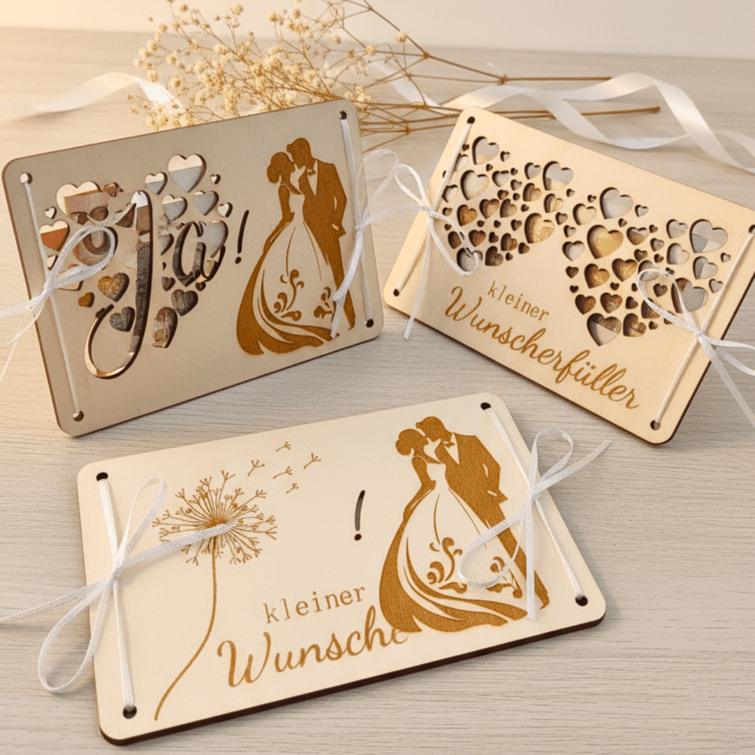 Geschenk - Holzkarten mit Gravur & Geldscheinfach | Handgemachte Gutscheinkarten für Hochzeit, Geburtstag & Weihnachten - Zauberwerk