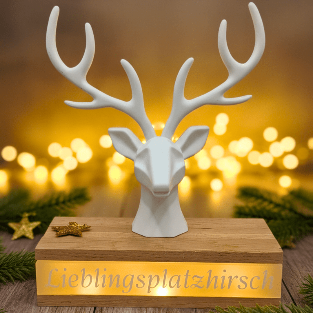 Leuchtdeko Lieblingsplatzhirsch | Handgemachte Dekofigur aus Holz und Keraflott mit Licht - Zauberwerk
