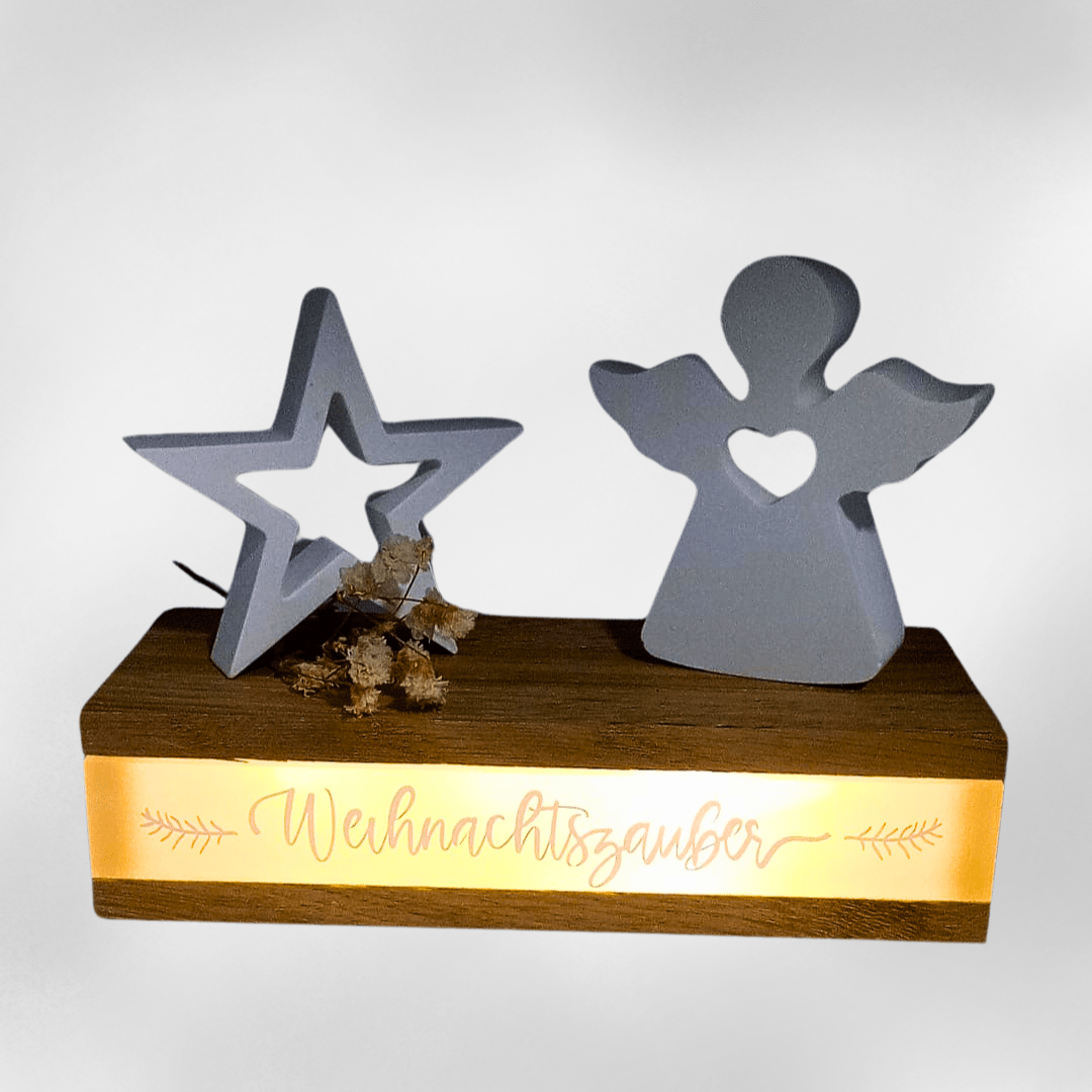 Leuchtdeko Weihnachtszauber mit Schutzengel und Stern | Handgemachte Weihnachtsdeko aus Holz und Keraflott - Zauberwerk