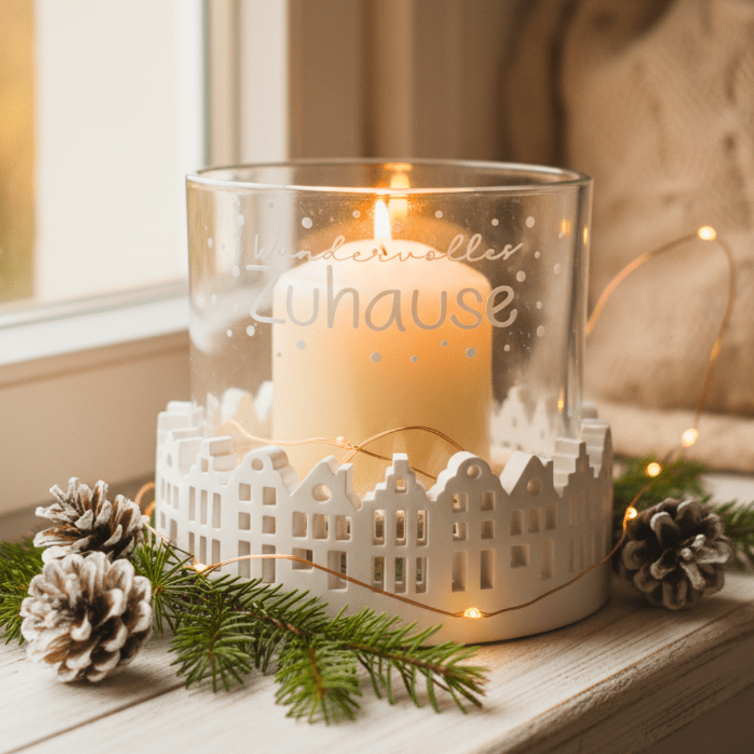 Windlicht „Wundervolles Zuhause“ mit Stadthaus - Motiv – Handmade Deko & Geschenkidee - Zauberwerk