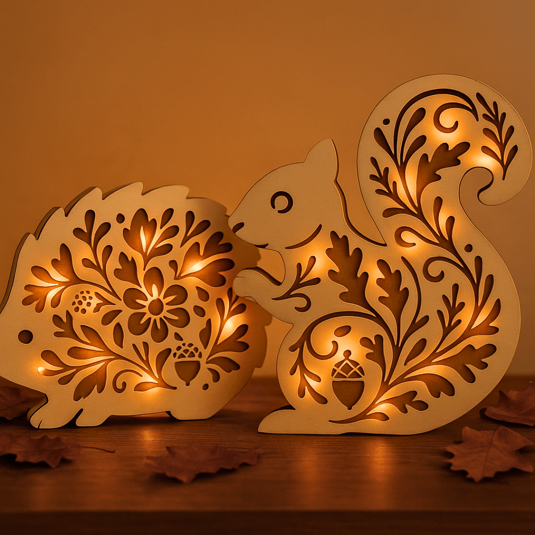 Leuchtfiguren aus Holz – Eichhörnchen oder Igel mit LED - Licht - Zauberwerk