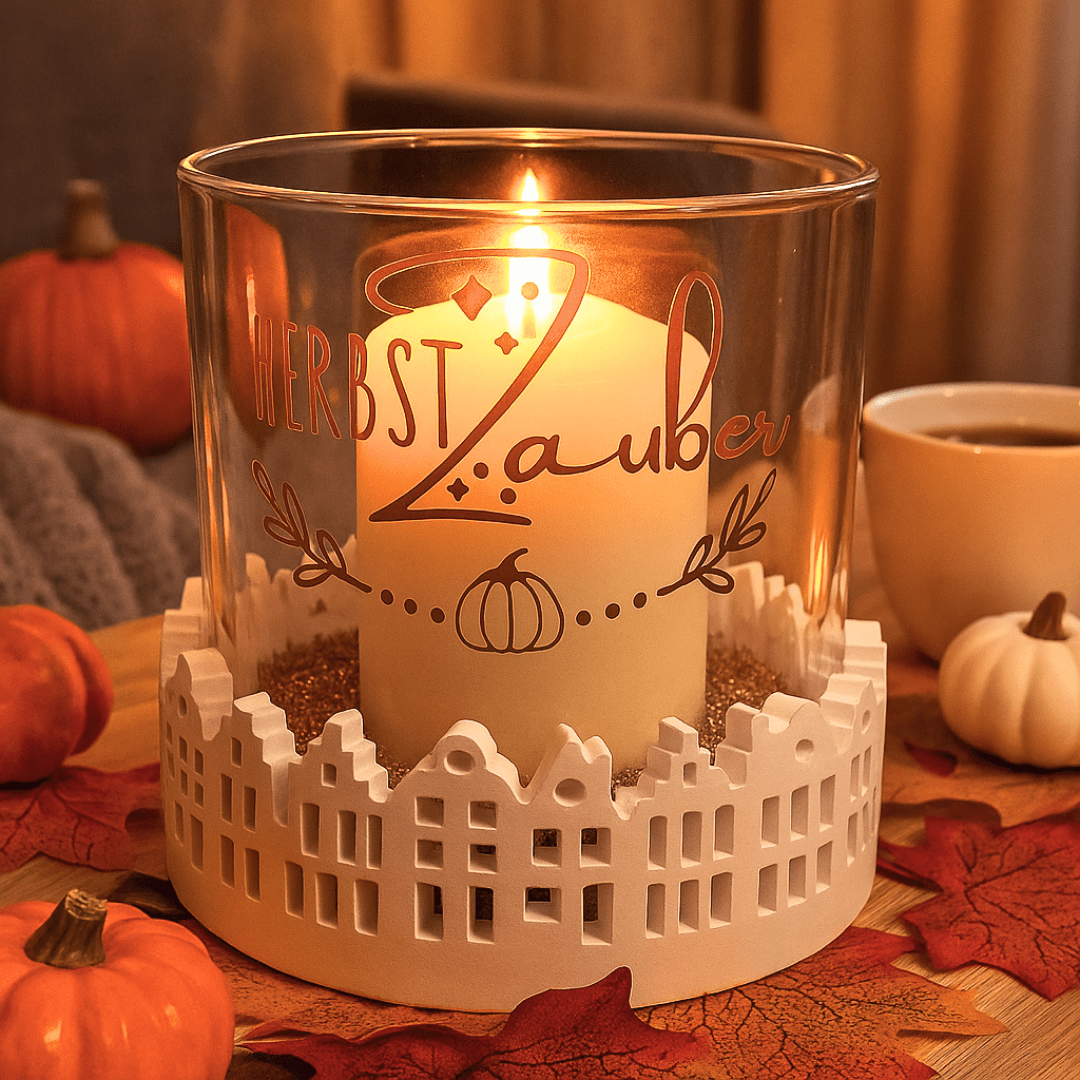 Windlicht HerbstZauber mit Stadthaus - Rand – Herbstliche Wohnzimmer Deko - Zauberwerk