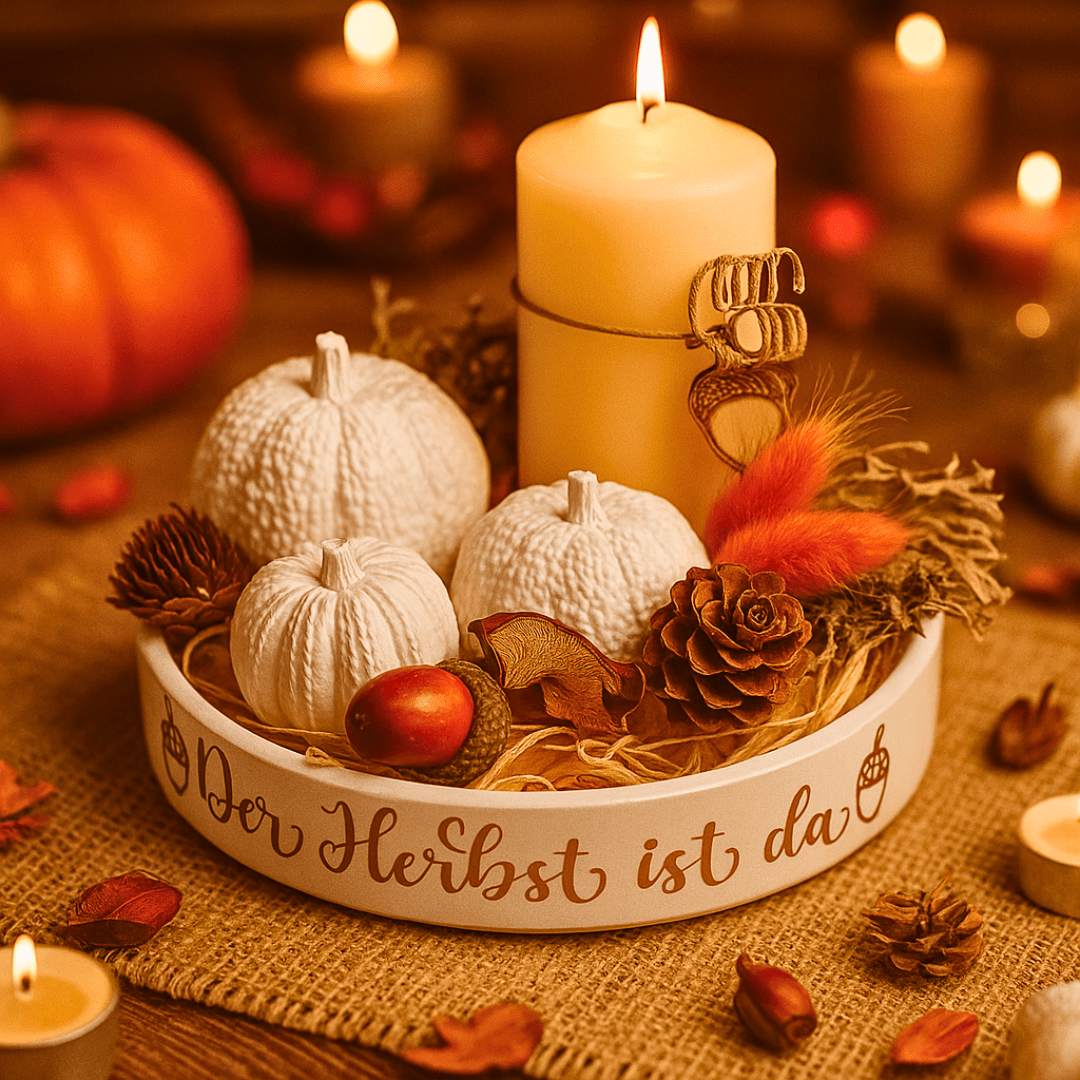 Deko - Arrangement Der Herbst ist da mit Kerze, Kürbissen & Naturmaterialien - Zauberwerk