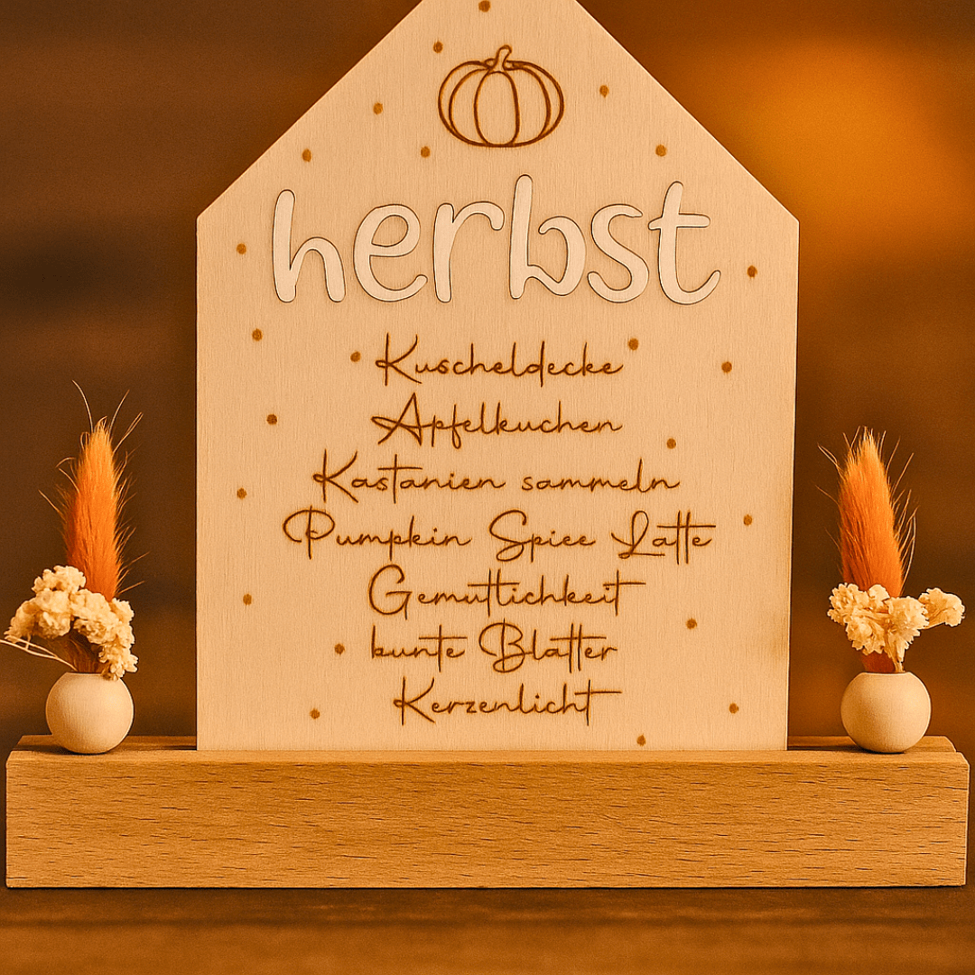 Herbstlicher Holzaufsteller „Herbst - Haus“ mit Trockenblumen - Zauberwerk