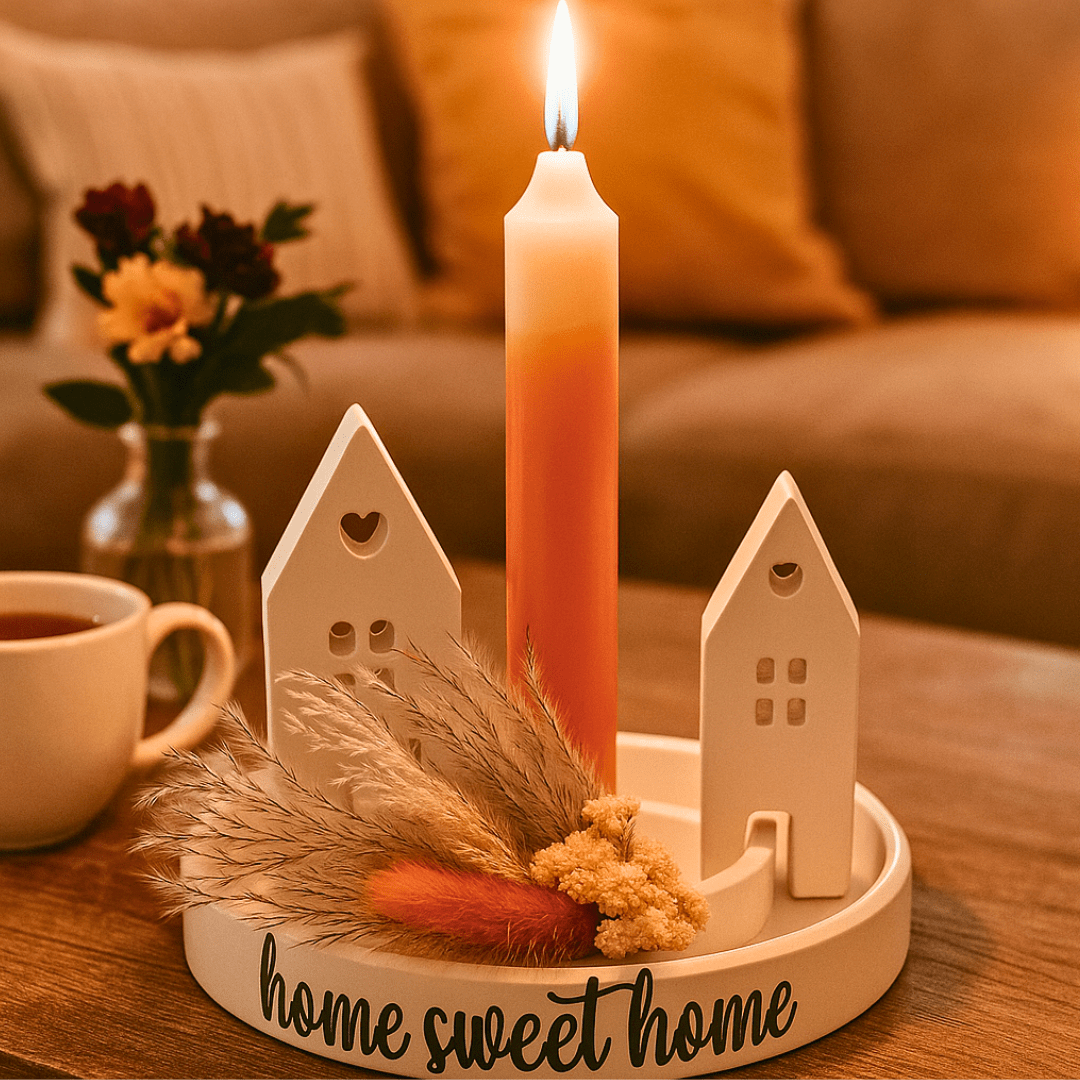 Deko - Set Home Sweet Home mit Kerze, Häusern & Trockenblumen - Zauberwerk