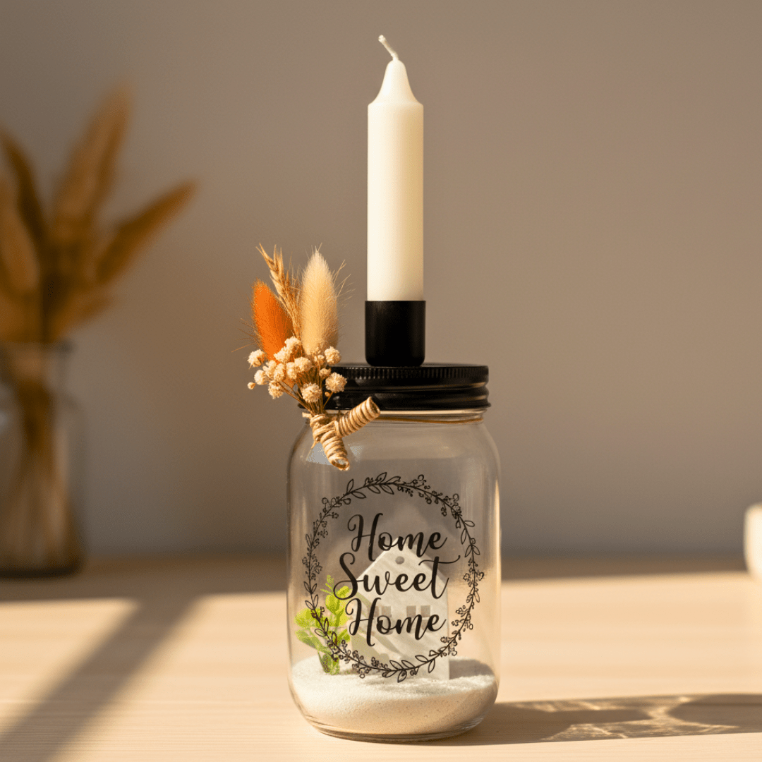 Dekoglas „Home Sweet Home“ mit Kerzenhalter und Trockenblumen – Handmade Deko für Zuhause - Zauberwerk