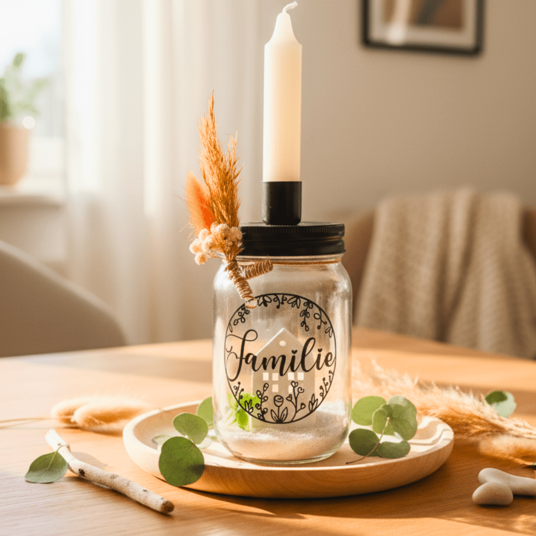 Dekoglas „Familie“ mit Kerzenhalter und Trockenblumen – liebevolle Handmade - Deko für Zuhause - Zauberwerk