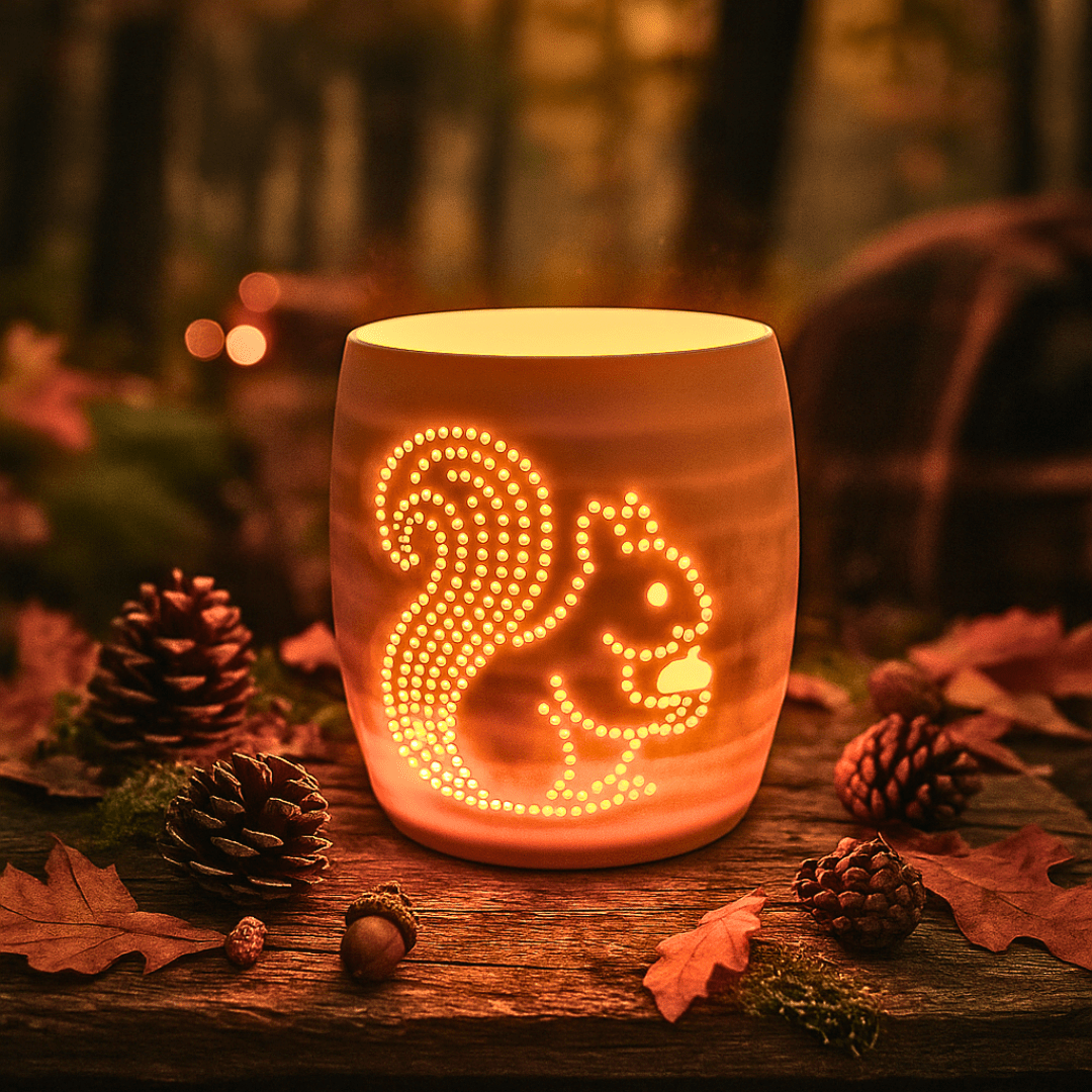 Herbst Windlicht mit Waldtier Eichhörnchen – Handgemachte LED - Deko aus PLA - Zauberwerk