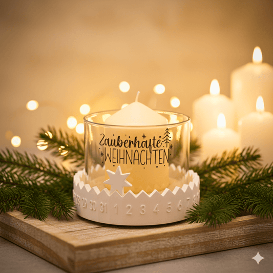 Edler Adventskalender mit Glas - Kerzenhalter „Zauberhafte Weihnachten“ | Handgemacht aus Keraflott | - Zauberwerk