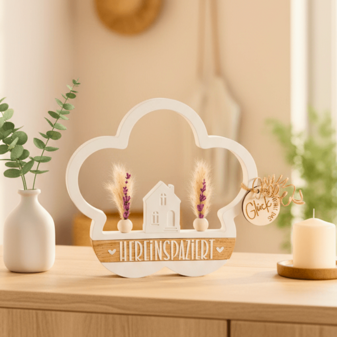 Deko - Aufsteller „Hereinspaziert“ – Handgefertigte Willkommensdeko mit Trockenblumen & Holzdetails - Zauberwerk