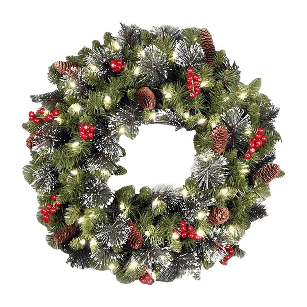 Weihnachtskranz mit LED Beleuchtung – Künstlicher Deko - Kranz mit Beeren & Tannennadeln - Zauberwerk