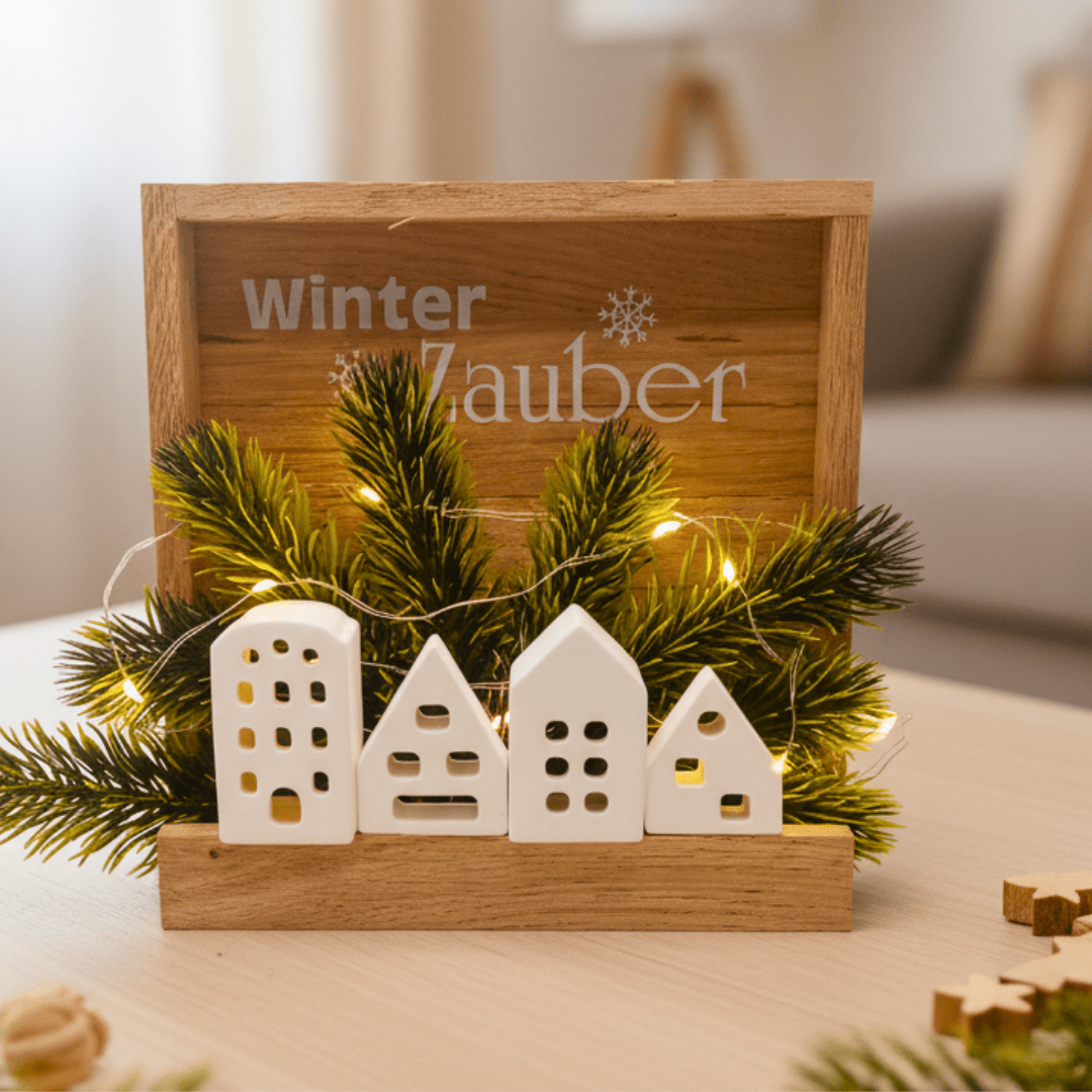 Winterzauber Häuschenleiste – Holzdeko mit Licht und Tannenzweig - Zauberwerk