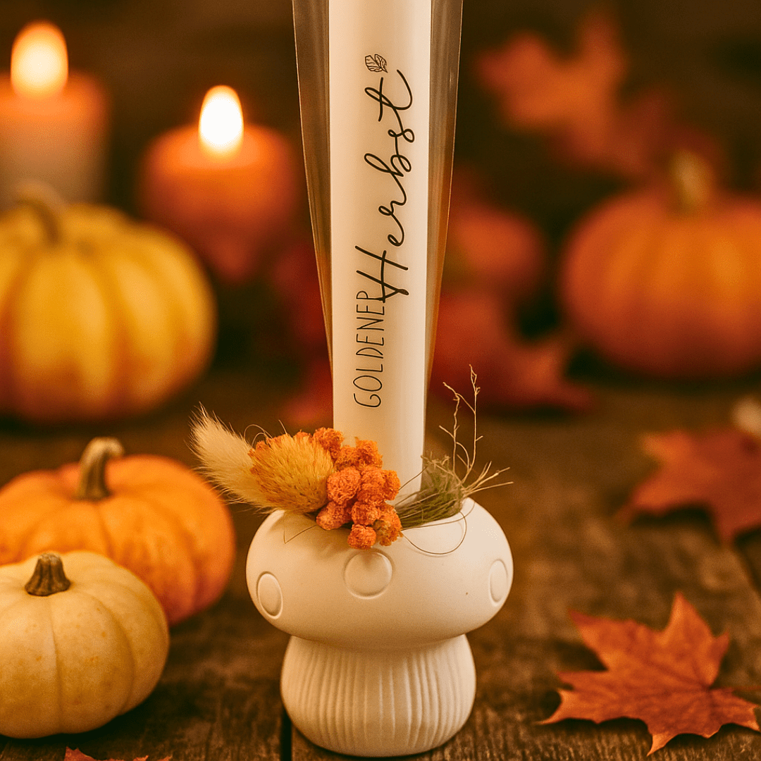Stabkerze Goldener Herbst im Pilz - Keramikhalter mit Trockenblumen – Herbstdeko - Zauberwerk