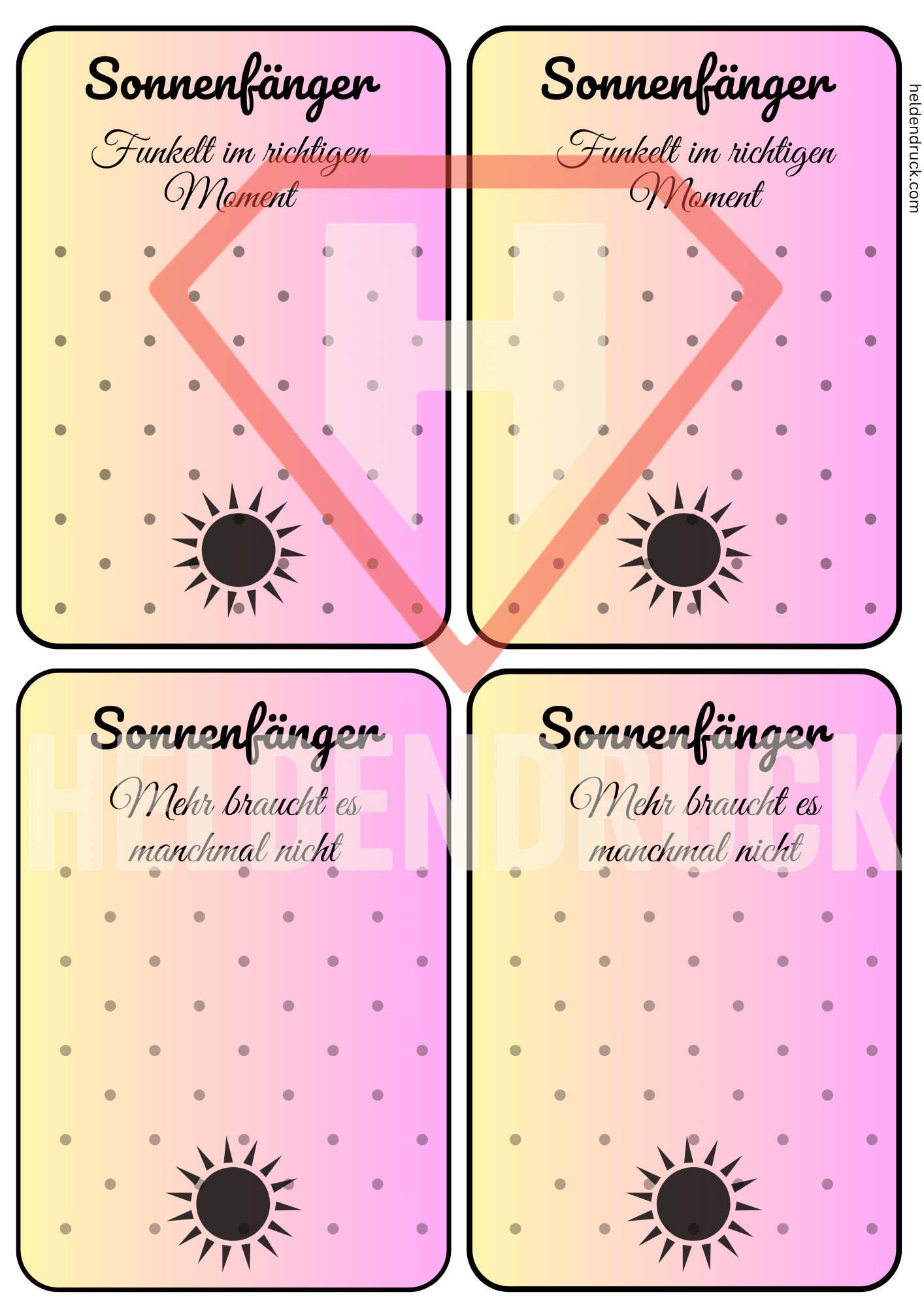 PDF - Vorlage „Sonnenfänger - Momente“ – 4 Mini - Kärtchen zum Ausdrucken – für DIY, Märkte & Geschenksets - Zauberwerk