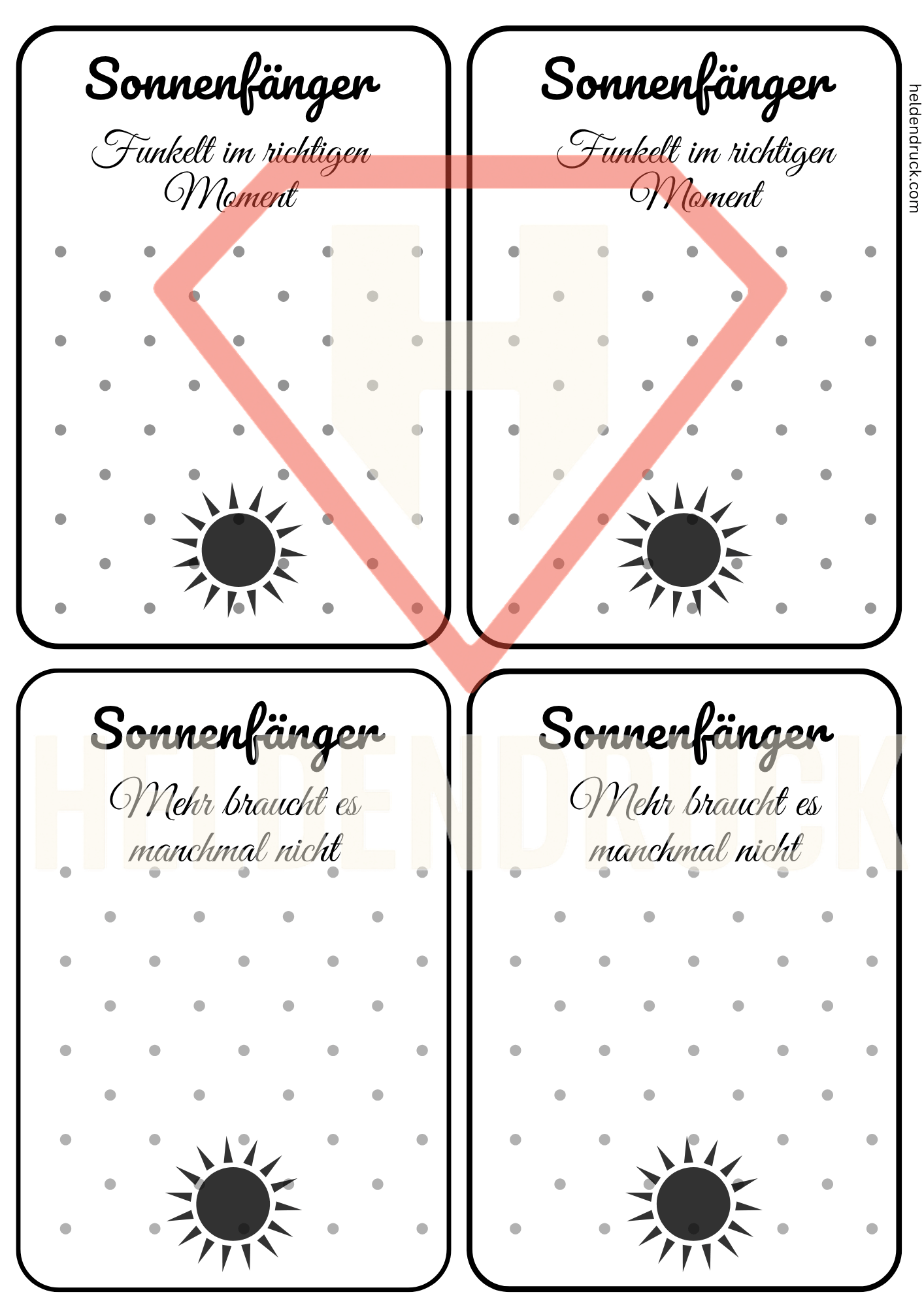 PDF - Vorlage „Sonnenfänger - Momente“ – 4 Mini - Kärtchen zum Ausdrucken – für DIY, Märkte & Geschenksets - Zauberwerk