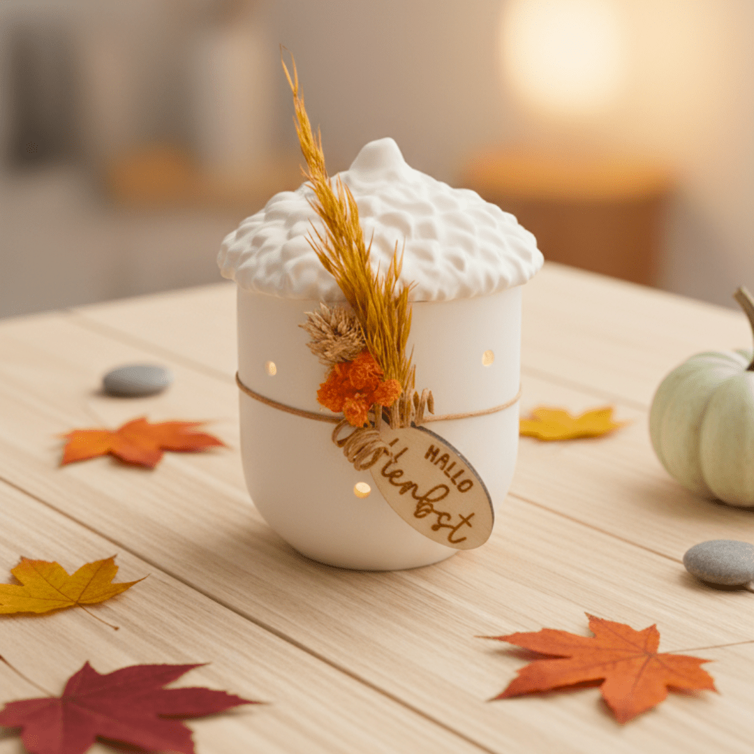 Keramik - Eichel mit Trockenblumen „Hallo Herbst“ – weiße Herbstdeko mit Lichtpunkten - Zauberwerk
