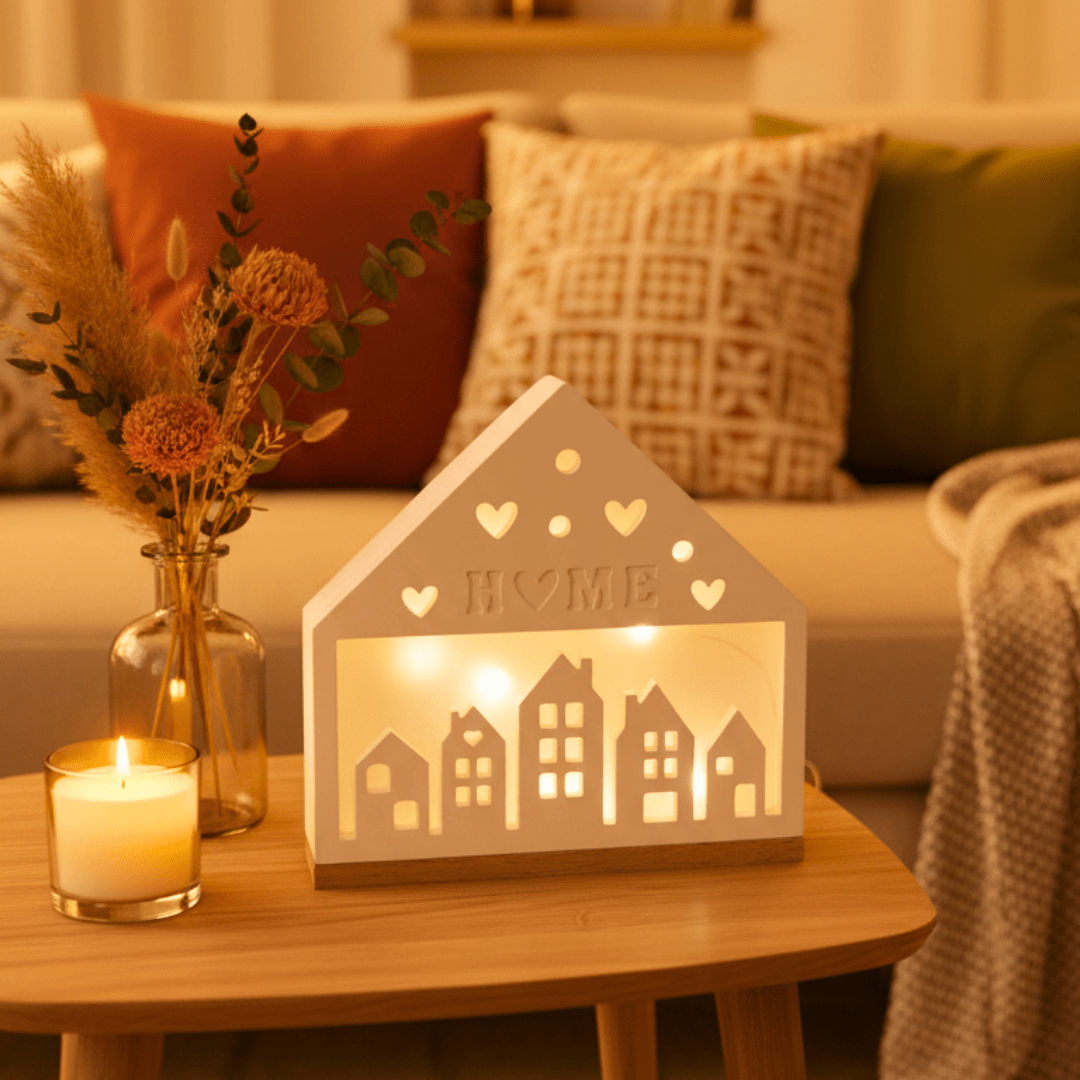Dekohaus HOME mit LED - Beleuchtung – 16 cm, Weiß - Zauberwerk