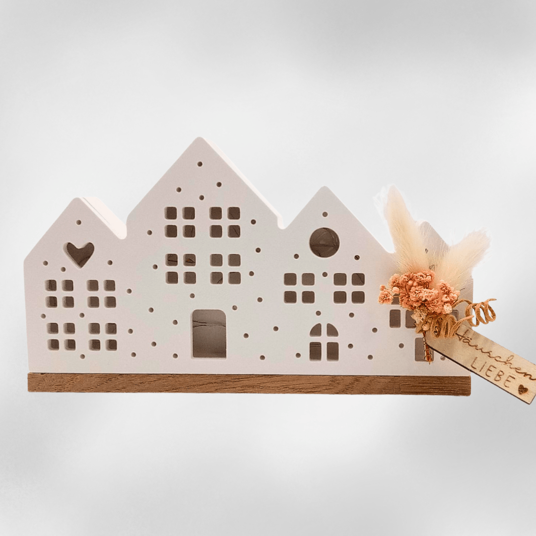 Lichthaus mit LED & Trockenblumen – 19 cm, Weiß - Zauberwerk
