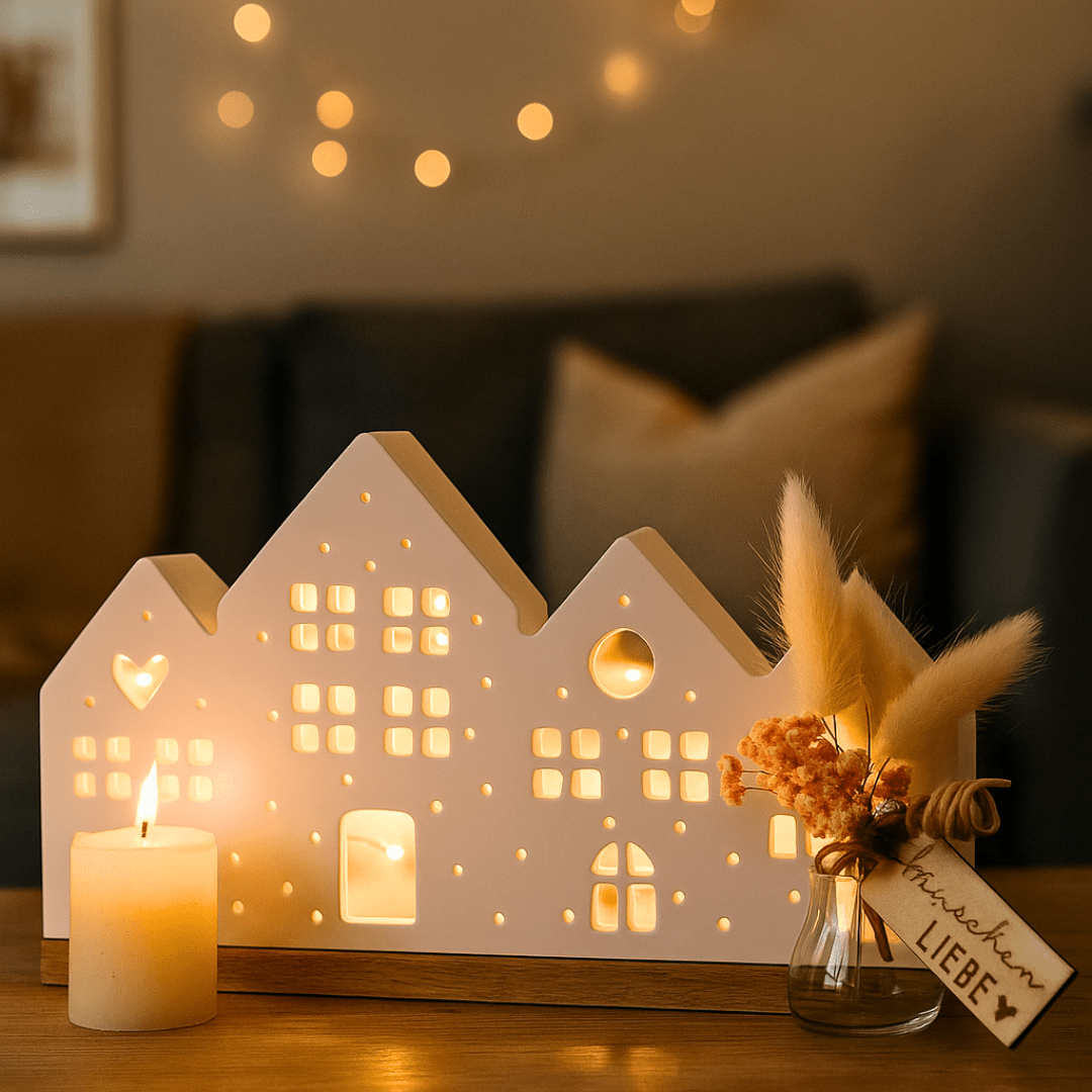 Lichthaus mit LED & Trockenblumen – 19 cm, Weiß - Zauberwerk