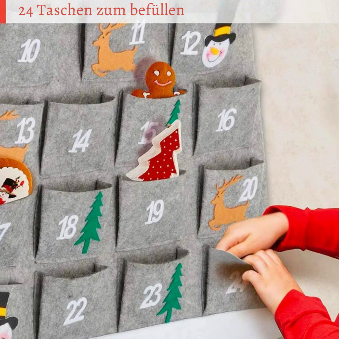 Weihnachtlicher Adventskalender Filz mit 24 Taschen, an der Wand dekoriert mit Lichterkette und Tannenzweigen, Weihnachtsdeko 2025