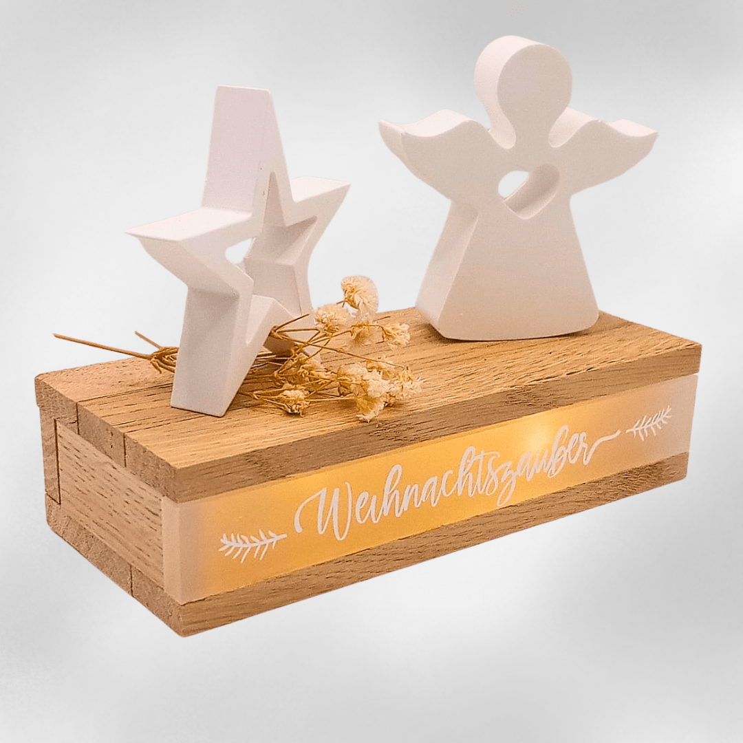 Leuchtdeko Weihnachtszauber mit Schutzengel und Stern | Handgemachte Weihnachtsdeko aus Holz und Keraflott - Zauberwerk