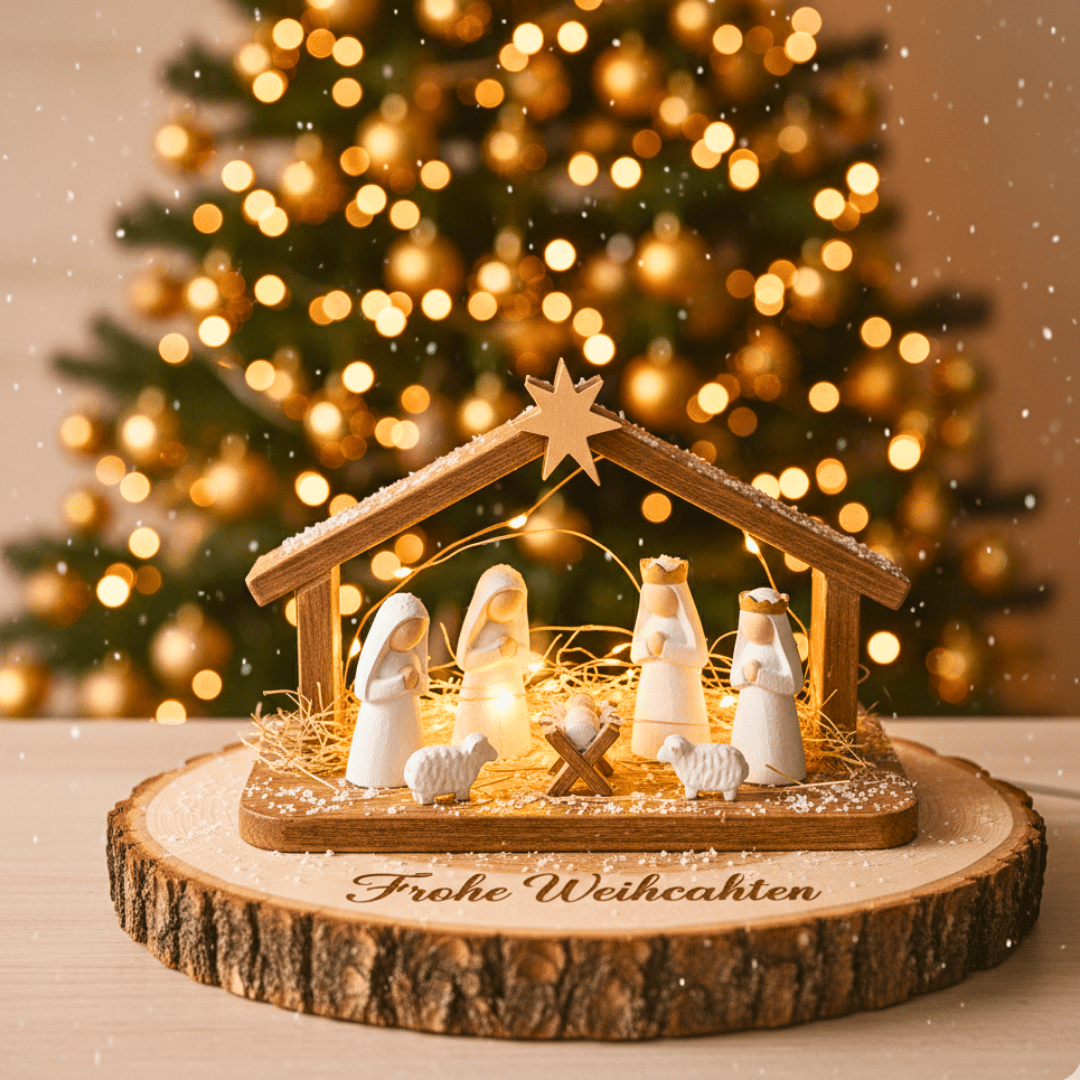 Handgemachte Weihnachtskrippe aus Keraflott – Mini Krippenszene mit LED - Licht auf Baumscheibe - Zauberwerk