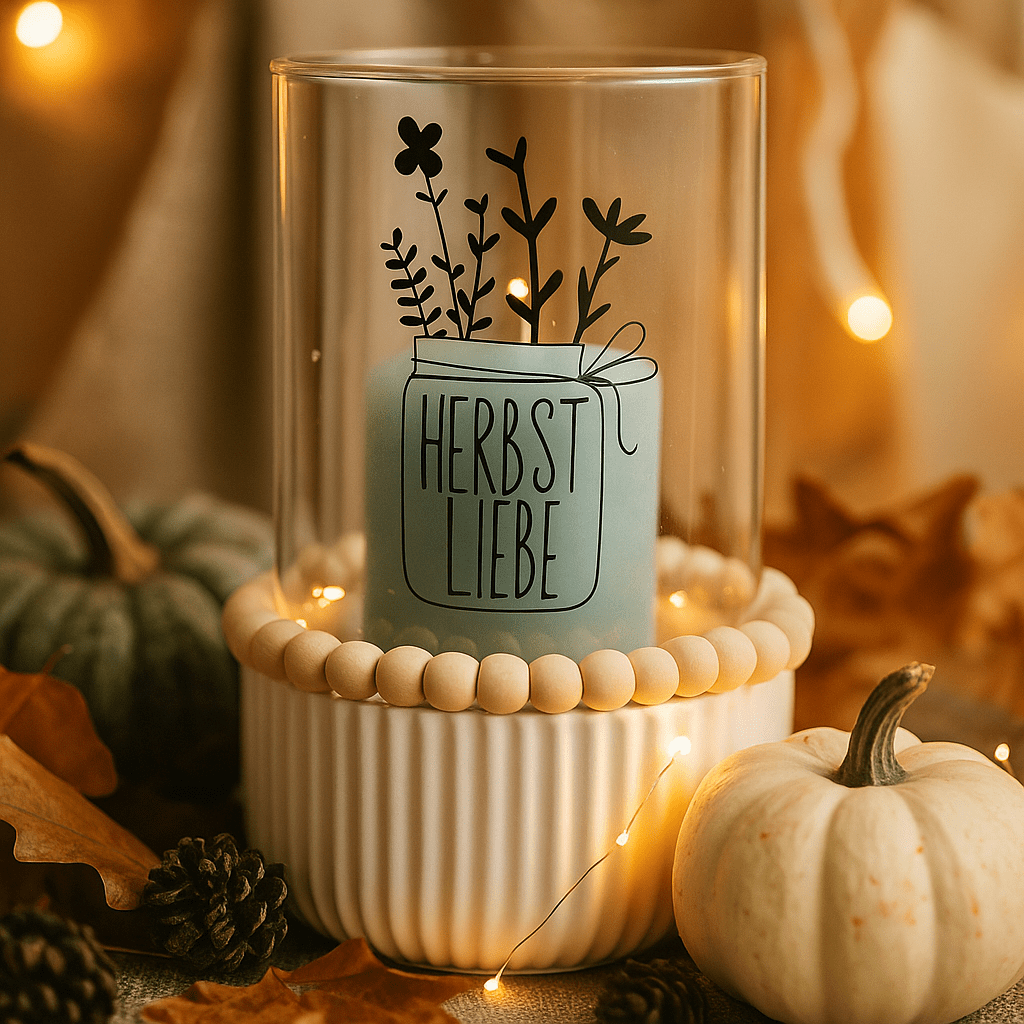 Windlicht Herbstliebe – Glasdeko mit Kerze und Holzperlen - Zauberwerk