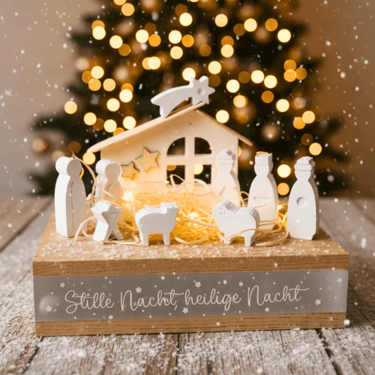 Weihnachtskrippe mit LED - Lichterkette – Holzdeko „Stille Nacht, heilige Nacht“ - Zauberwerk