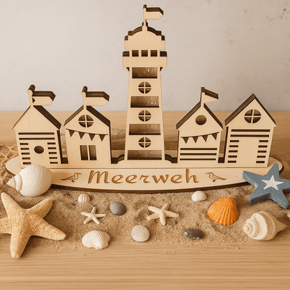 Meerweh – Maritimes Deko - Set mit Leuchtturm und Strandhäusern - Zauberwerk