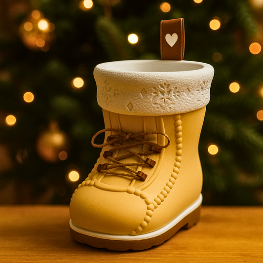 3D-gedruckter Nikolausstiefel aus beigem PLA mit weißem Rand, handgemacht im Zauberwerk Mittelhessen, weihnachtlich dekoriert.